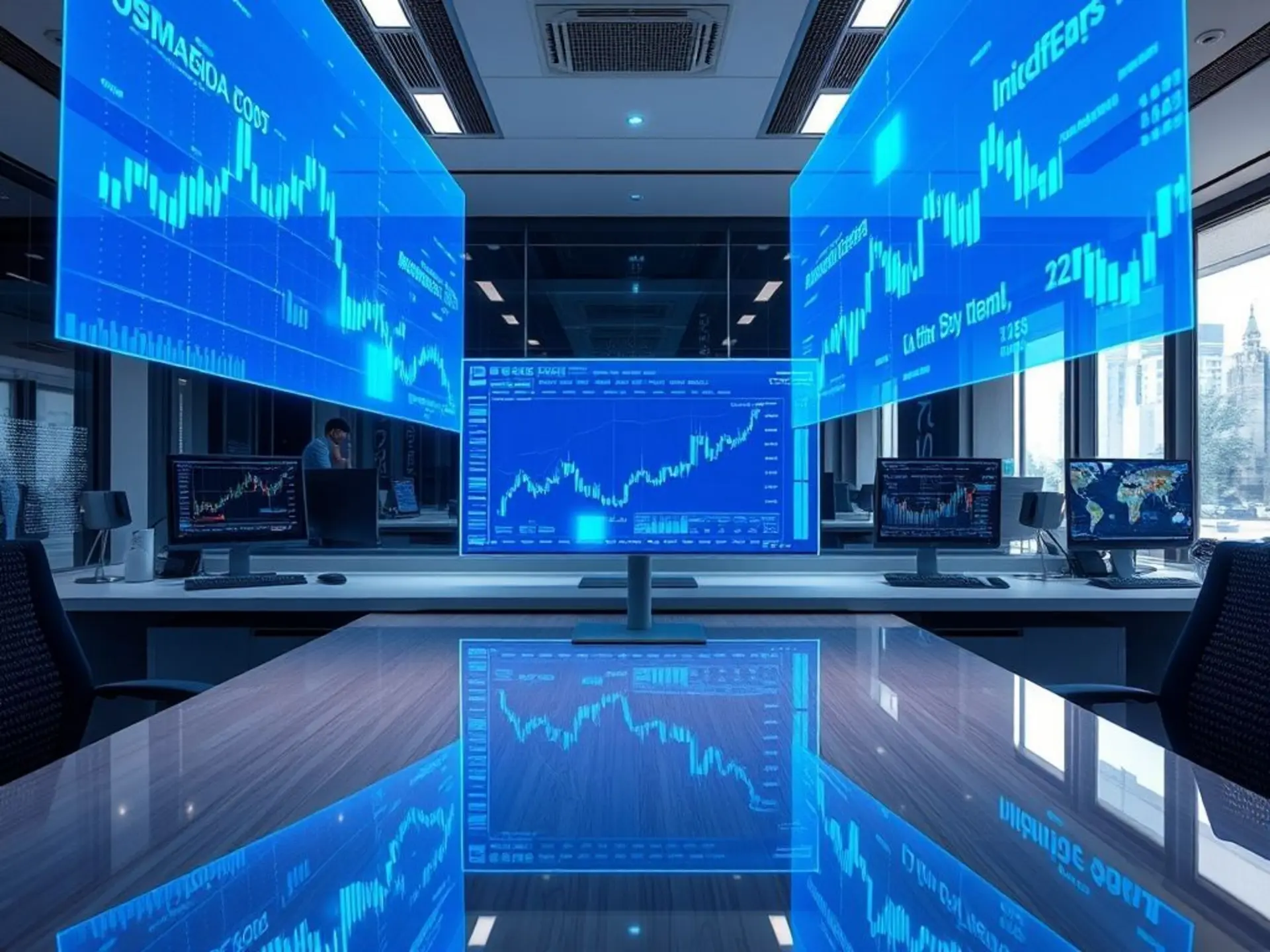 A sleek, modern trading desk with holographic stock charts and market indicators floating mid-air. Vibrant blue financial visualizations interact with physical monitors. Abstract digital elements overlay a professional office setup.