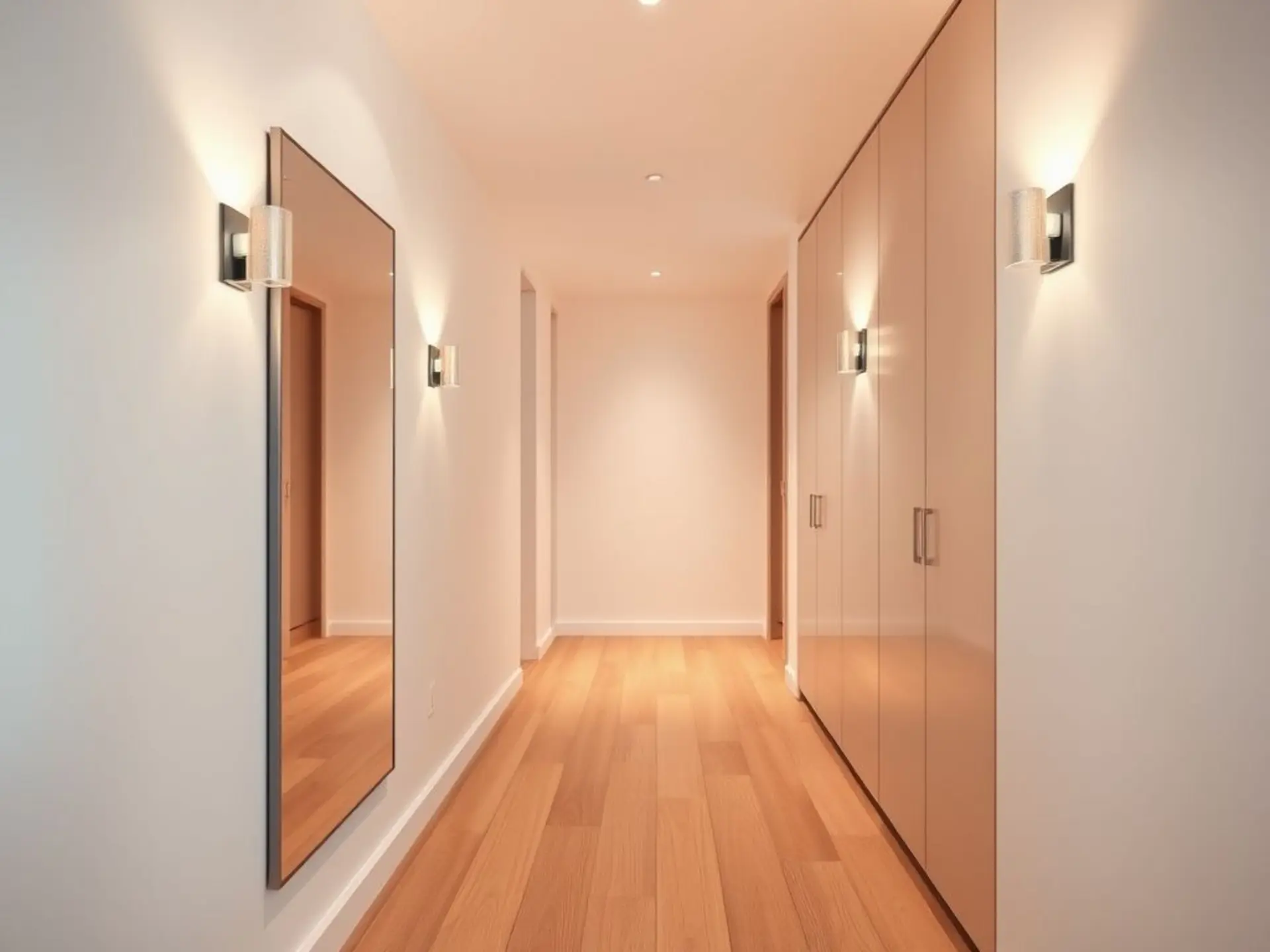 Узкий светлый коридор в современном доме: деревянный пол, настенные светильники с теплым светом, вертикальное зеркало во всю высоту стены, встроенные шкафы с глянцевыми фасадами. Минималистское оформление без лишних деталей.