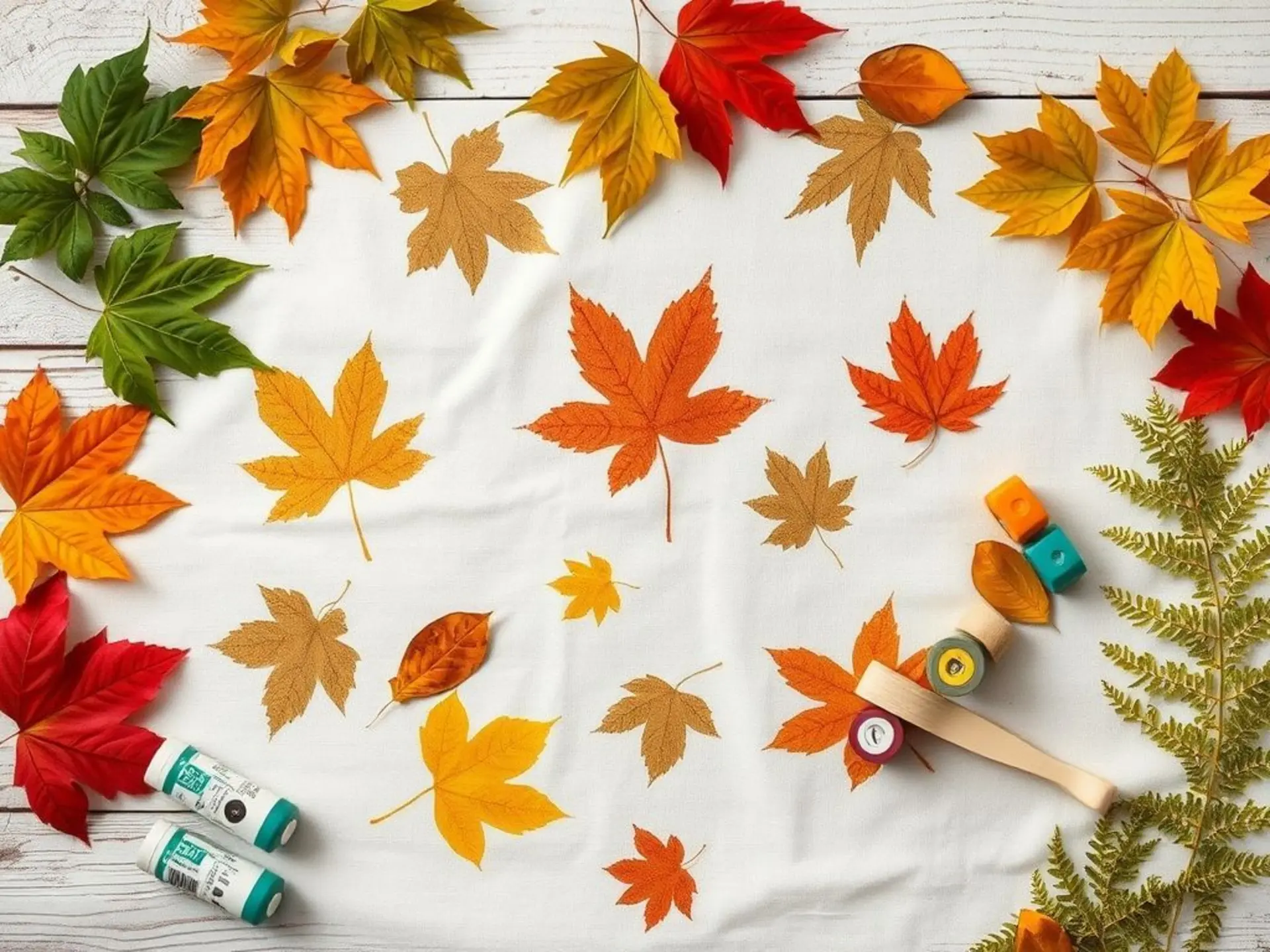 Flat lay of light-colored cotton fabric with clear leaf imprints in green, brown, and gold. Fresh maple and fern leaves scattered around alongside fabric paint tubes, a small brayer roller, and masking tape. Soft natural lighting, rustic wooden background.