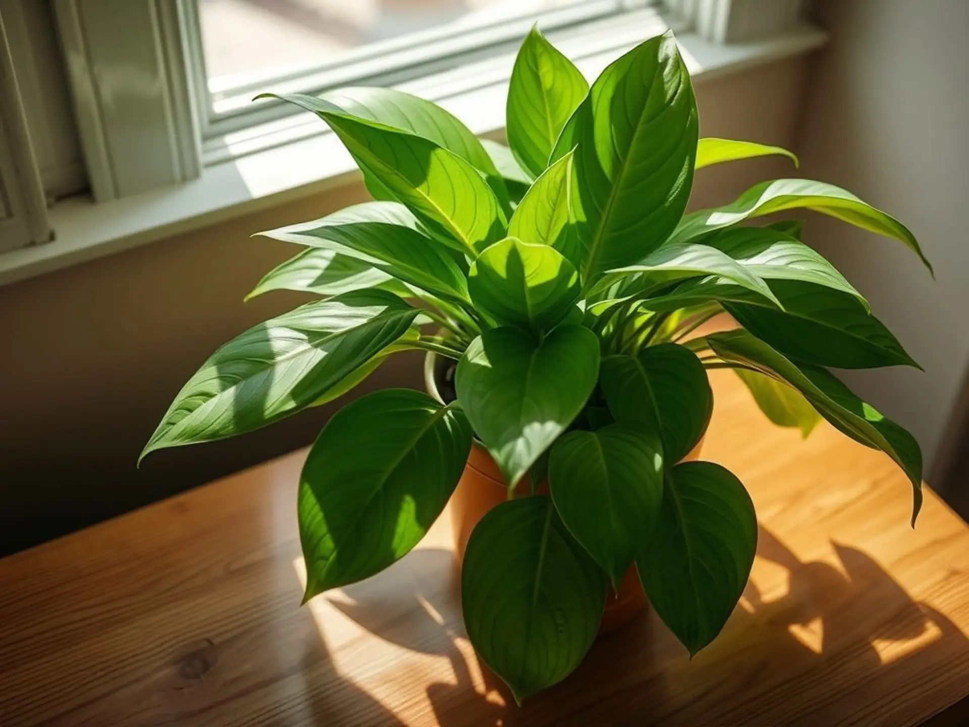 A vibrant green houseplant sitting on a wooden side table near a window. Light filtering through leaves creates patterns on the furniture surface. Show a visible water ring on the wood and faint scratches from plant movement. Avoid people and text.