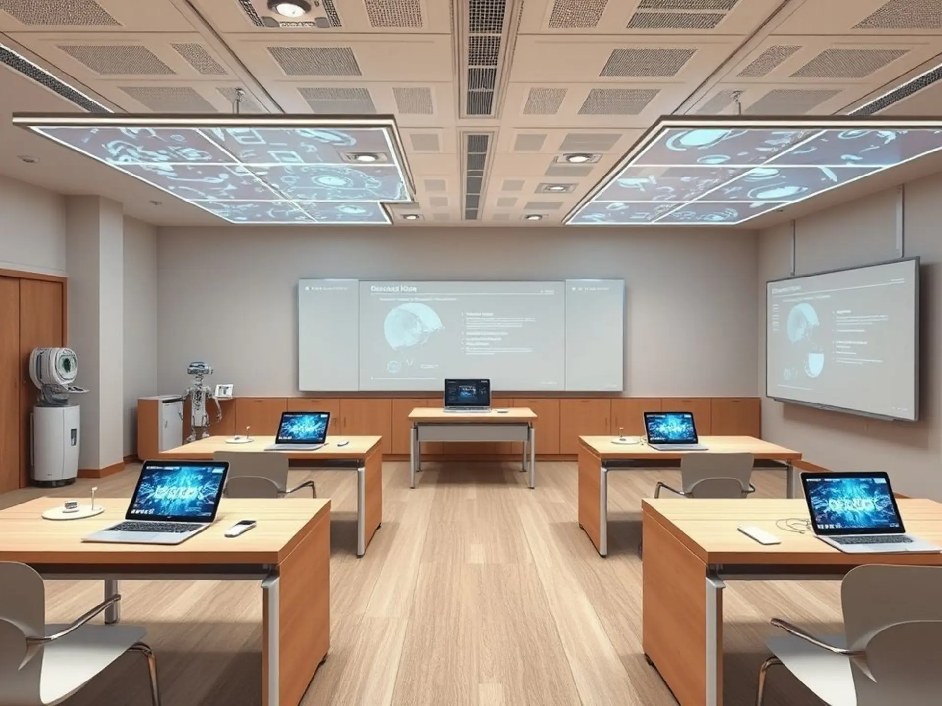Futuristic classroom with holographic interfaces, robotic teaching aids, laptops, tablets, and interactive whiteboards. Bright digital elements, muted earth tones, abstract backgrounds. Minimalism with smooth geometric shapes.