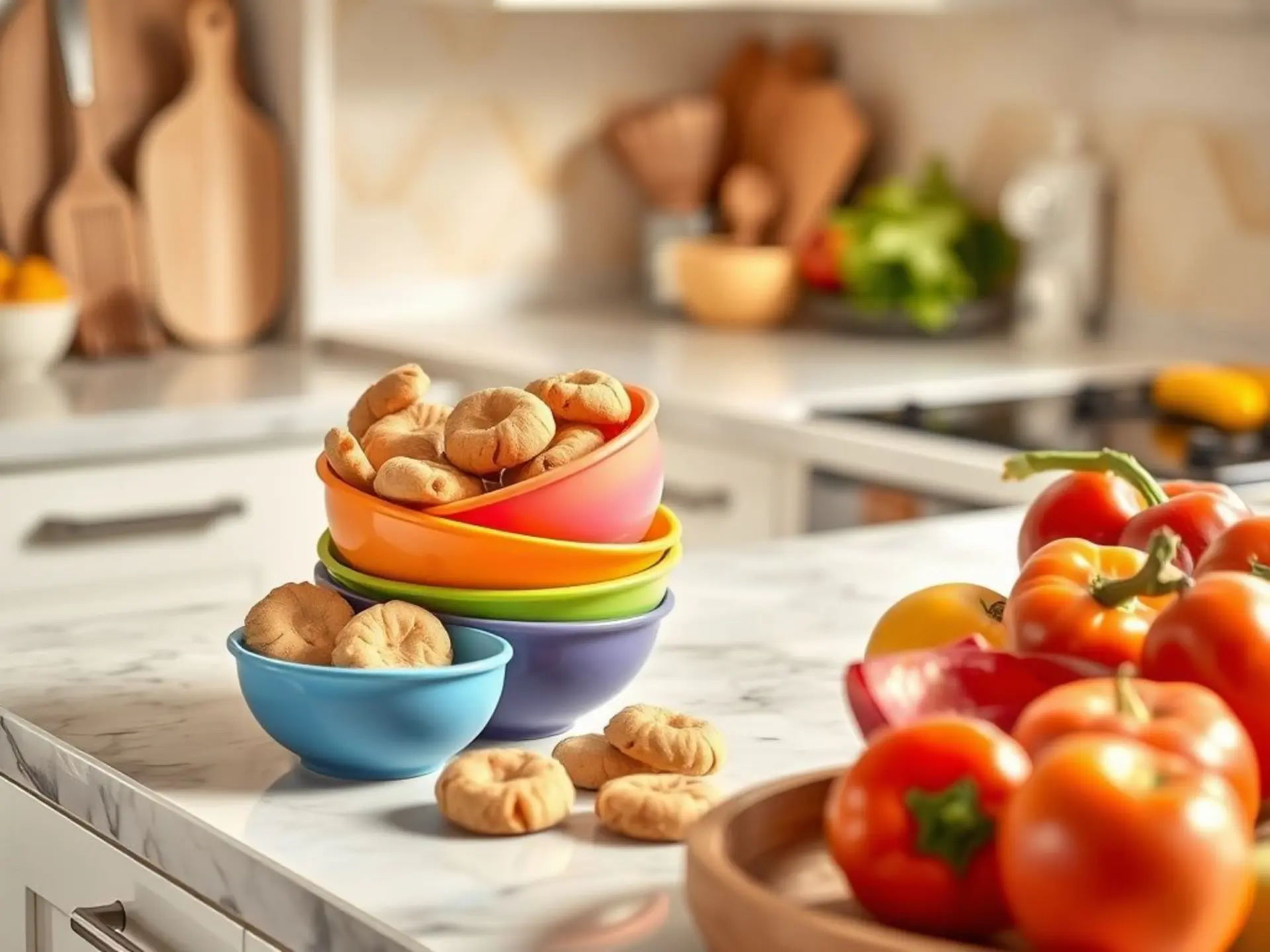 Яркая кухонная столешница с безопасными предметами: разноцветные пластиковые миски, лопатки, веселые формочки для печенья. Кучка разноцветных овощей и фруктов рядом. Сочетание теплых тонов без людей и текста.