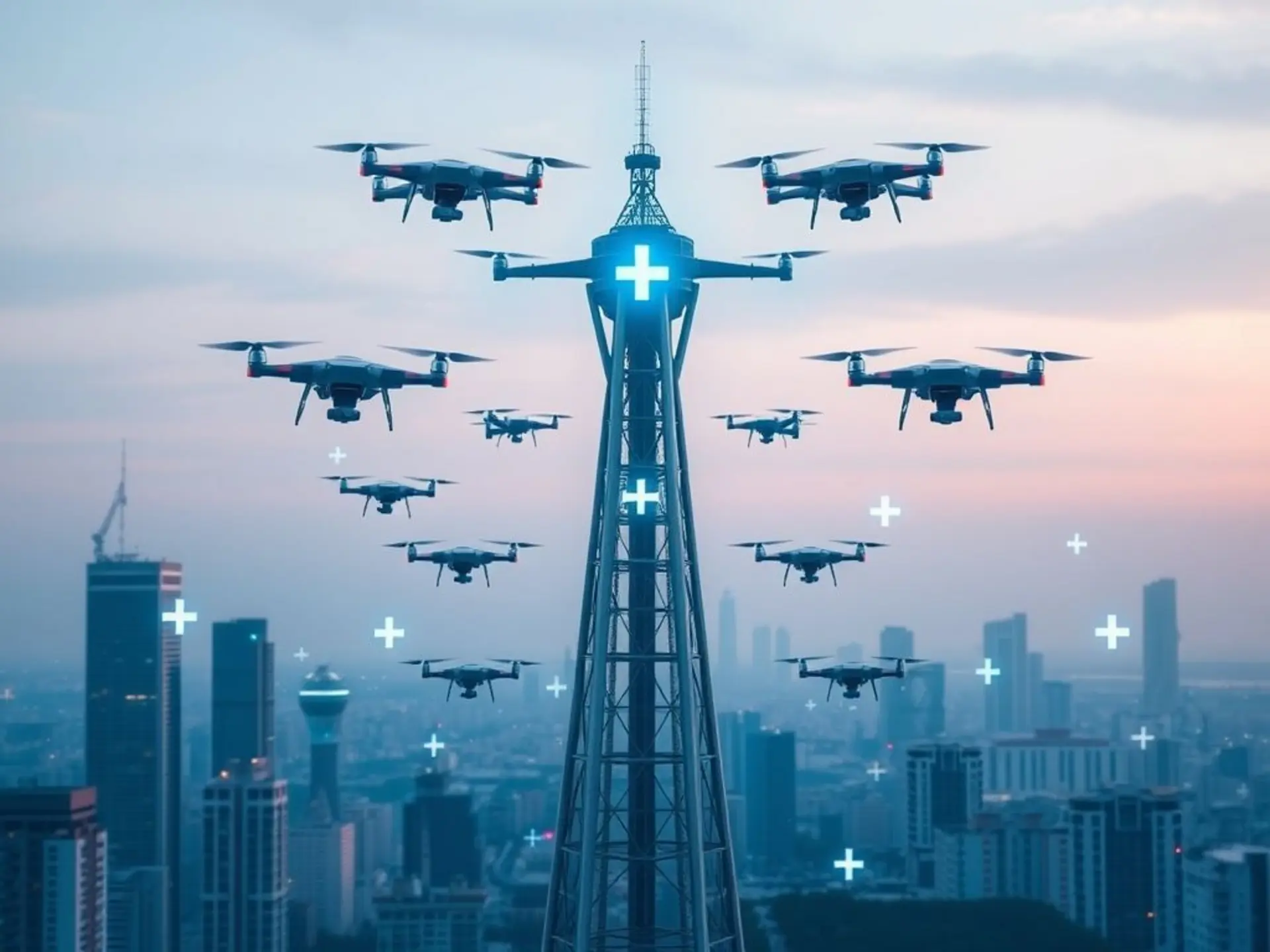 Стилизованная композиция: вышка 5G окружена летающими дронами на фоне города, рядом с вышкой — символы медицины (крест, кардиограф) в футуристичном дизайне. Яркие голубые и белые тона, цифровые элементы в воздухе.
