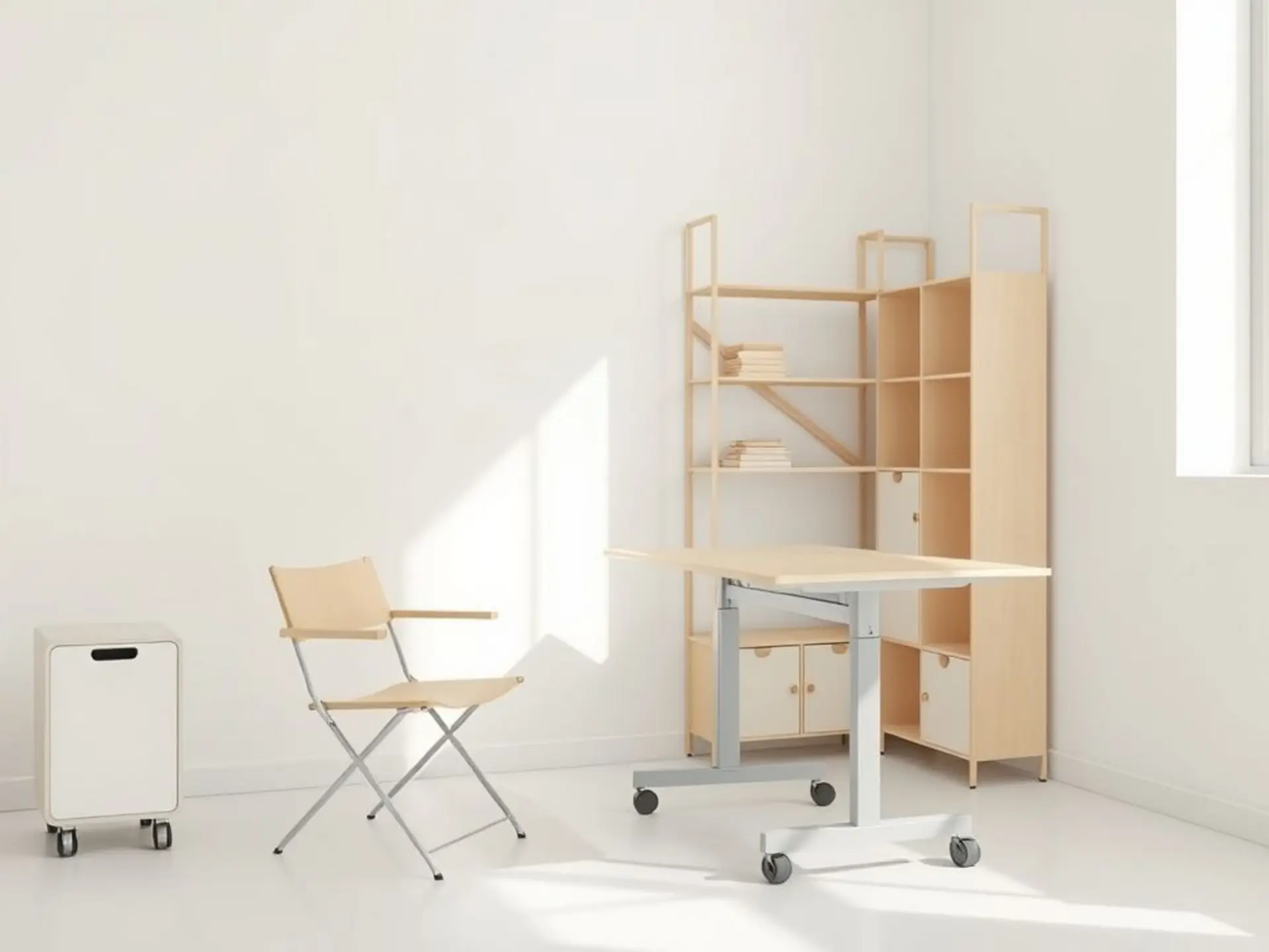 Minimalist modern room with compact, foldable furniture: a neat stackable chair beside a sleek transformable table. Light-filled space with a wheeled storage unit and modular shelves against white walls. Soft neutral colors, uncluttered and airy vibe.