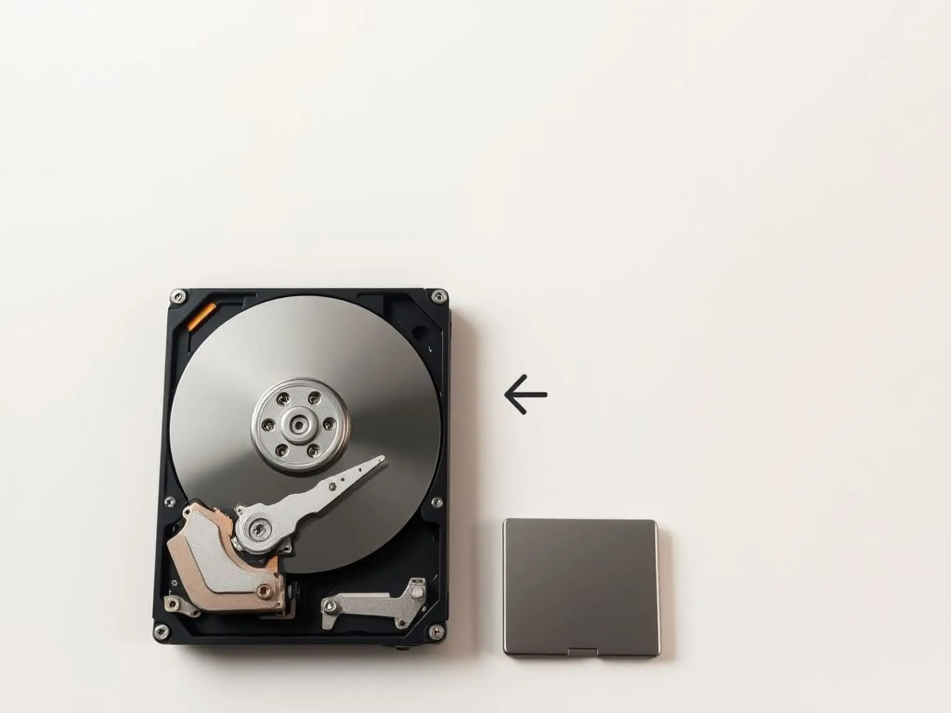 Старый жесткий диск рядом с новым SSD, соединённые стрелкой. Минималистичная композиция на нейтральном фоне, без людей и текста. Четкое различие форм: HDD с металлическими элементами и SSD в компактном корпусе.