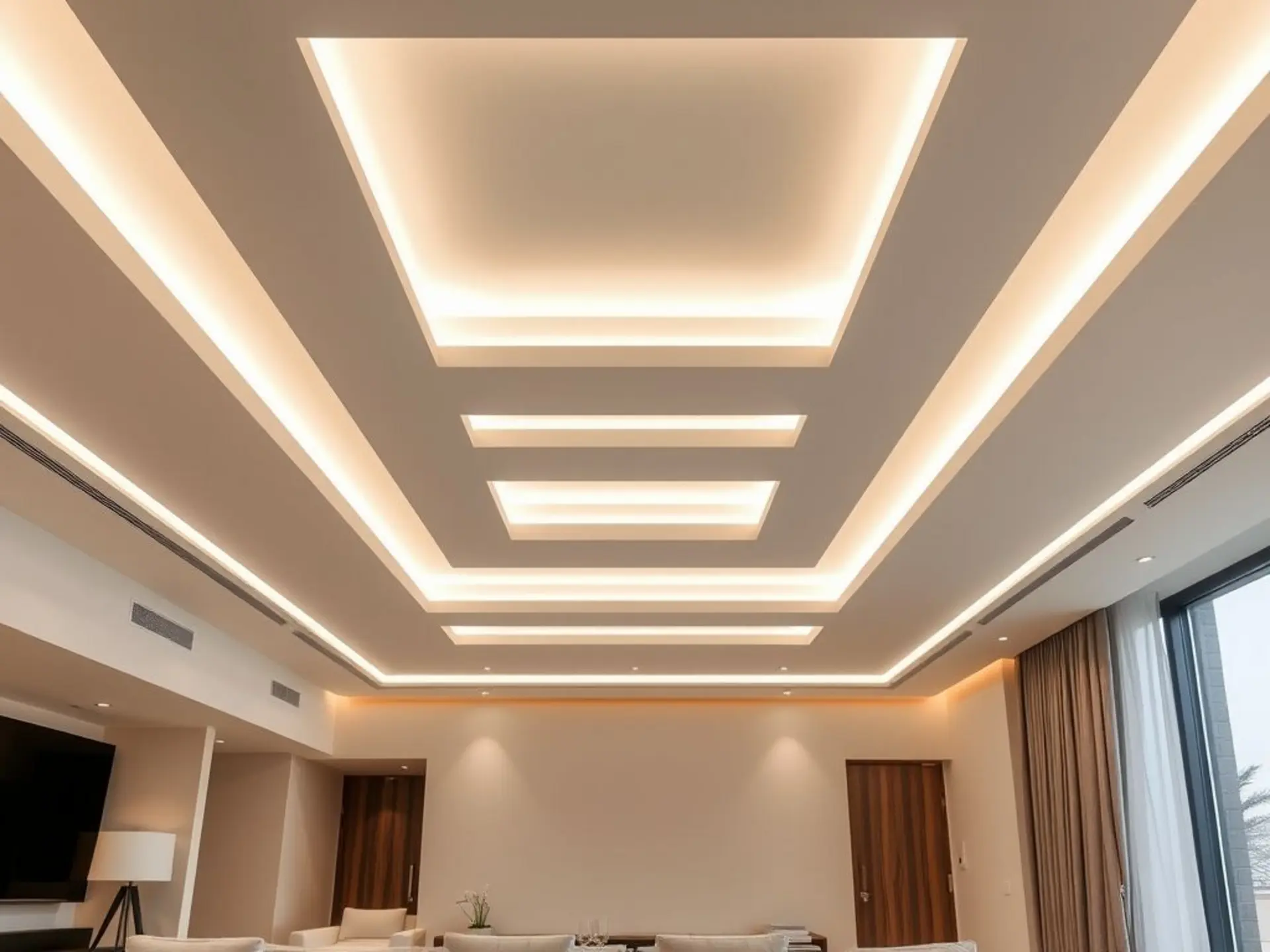 Элегантные многоуровневые потолки со скрытой светодиодной подсветкой, создающие мягкое рассеянное освещение. Гармоничная геометрия уровней в нейтральной цветовой гамме. Интерьер современной гостиной минималистичного стиля без людей и текстовых элементов.