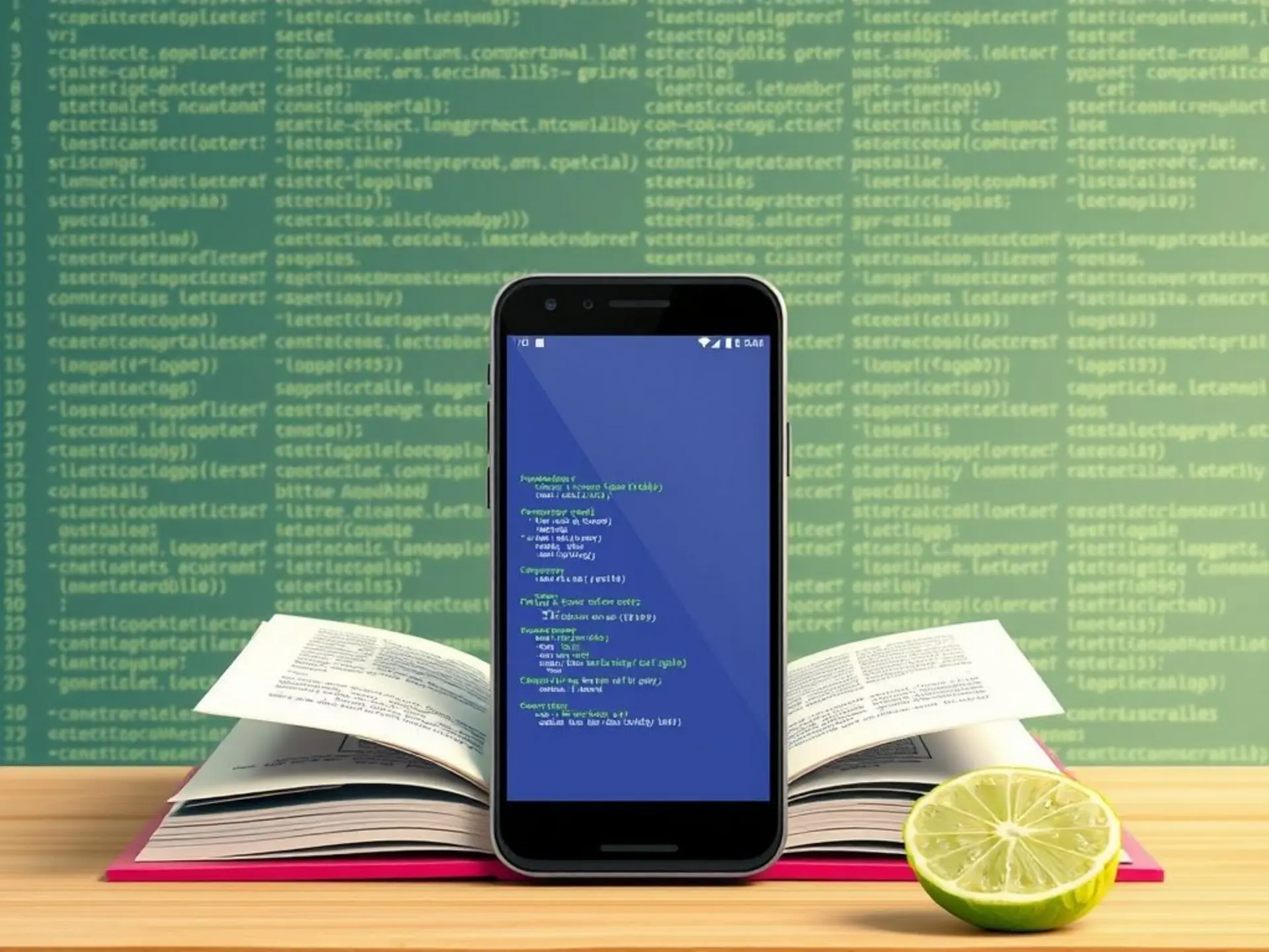 Смартфон, вырастающий из книги по программированию на фоне абстрактных элементов кода. В верхней части экрана - простые иконки приложений. Минималистичный 2D-дизайн с пастельными тонами и лаймовыми акцентами.