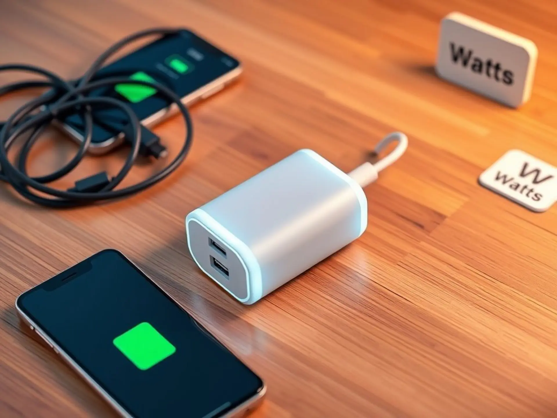 Яркое современное зарядное устройство с несколькими портами USB-C/USB-A лежит на деревянном столе. Рядом беспорядочно разложены кабели, смартфон с индикатором зарядки и табличка с ваттами. Стиль: плоский дизайн, теплый свет, акцент на технологичность.