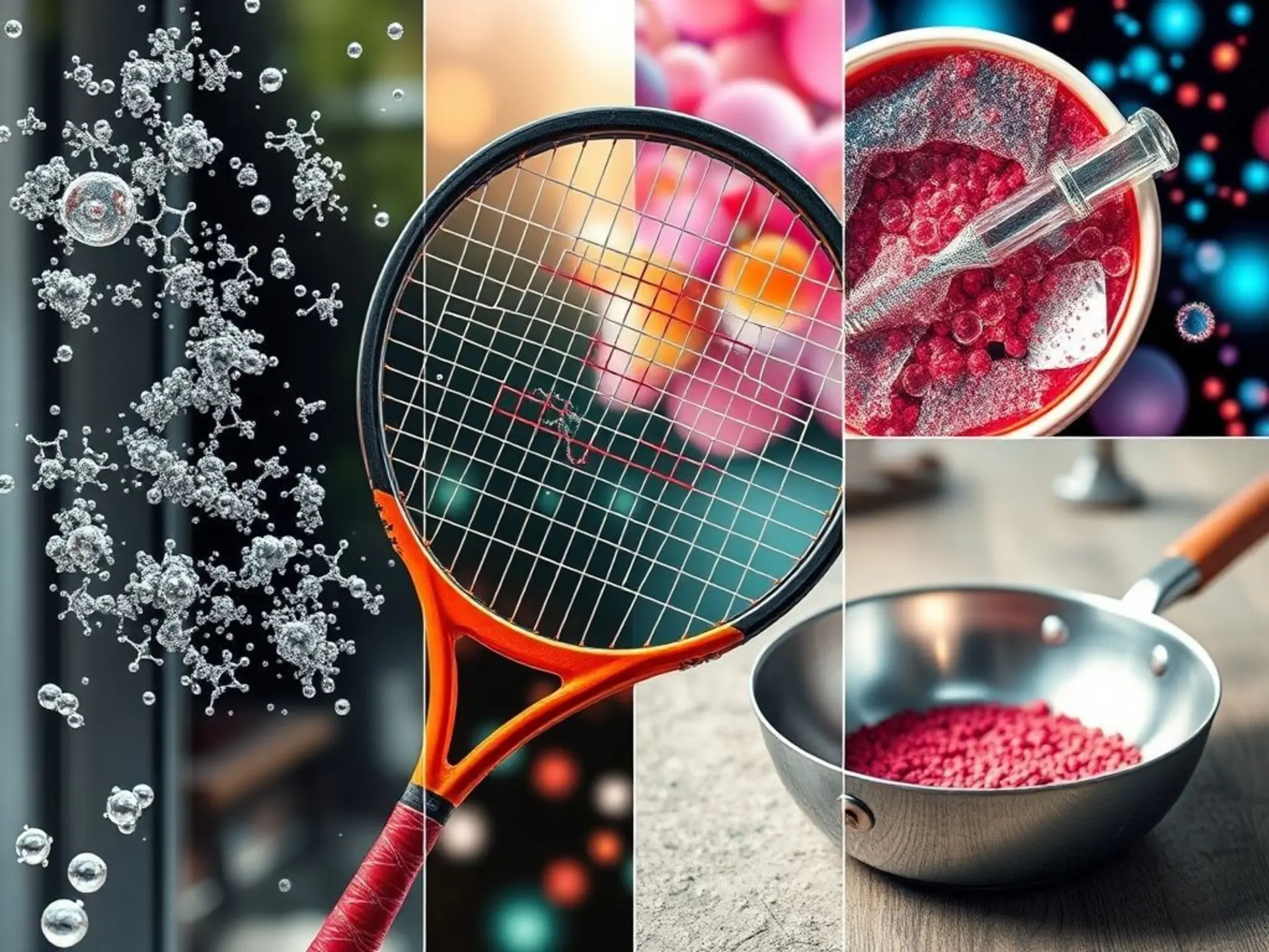 A vibrant collage showing microscopic nanoparticles interacting with everyday objects: silver nanoparticles on a self-cleaning window pane, carbon nanotubes in a tennis racket, and nanoceramics in a kitchen pan. Bright, colorful, sci-fi inspired style with realistic textures, no people or text.