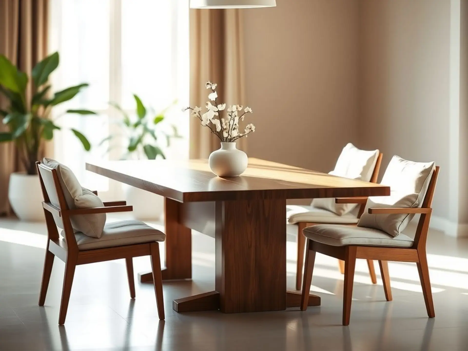 Elegant dining set in a modern minimalist setting, bathed in soft natural light. Wooden rectangular table, four matching upholstered chairs, simple vase with fresh flowers. Warm neutral colors, cozy ambiance, blurred background with houseplants.