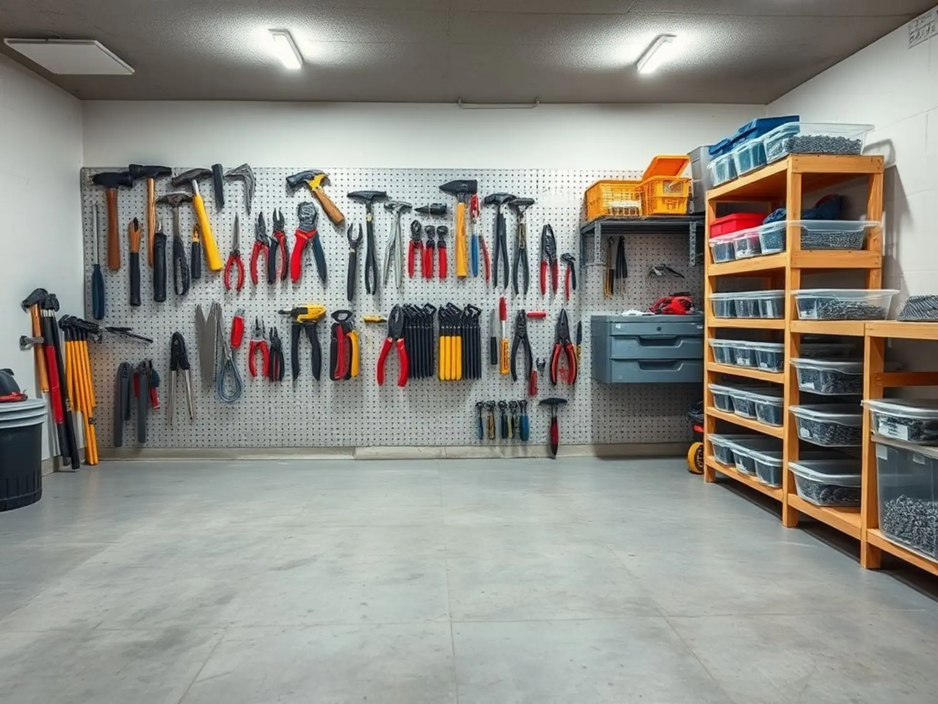 Фотография хорошо организованного подвального хранилища инструментов. На стене перфорированная панель с подвешенными молотками, отвертками и пассатижами. Деревянные полки с прозрачными пластиковыми контейнерами, где видны гвозди и шурупы. Чистый бетонный пол, хорошее освещение, все инструменты на своих местах.