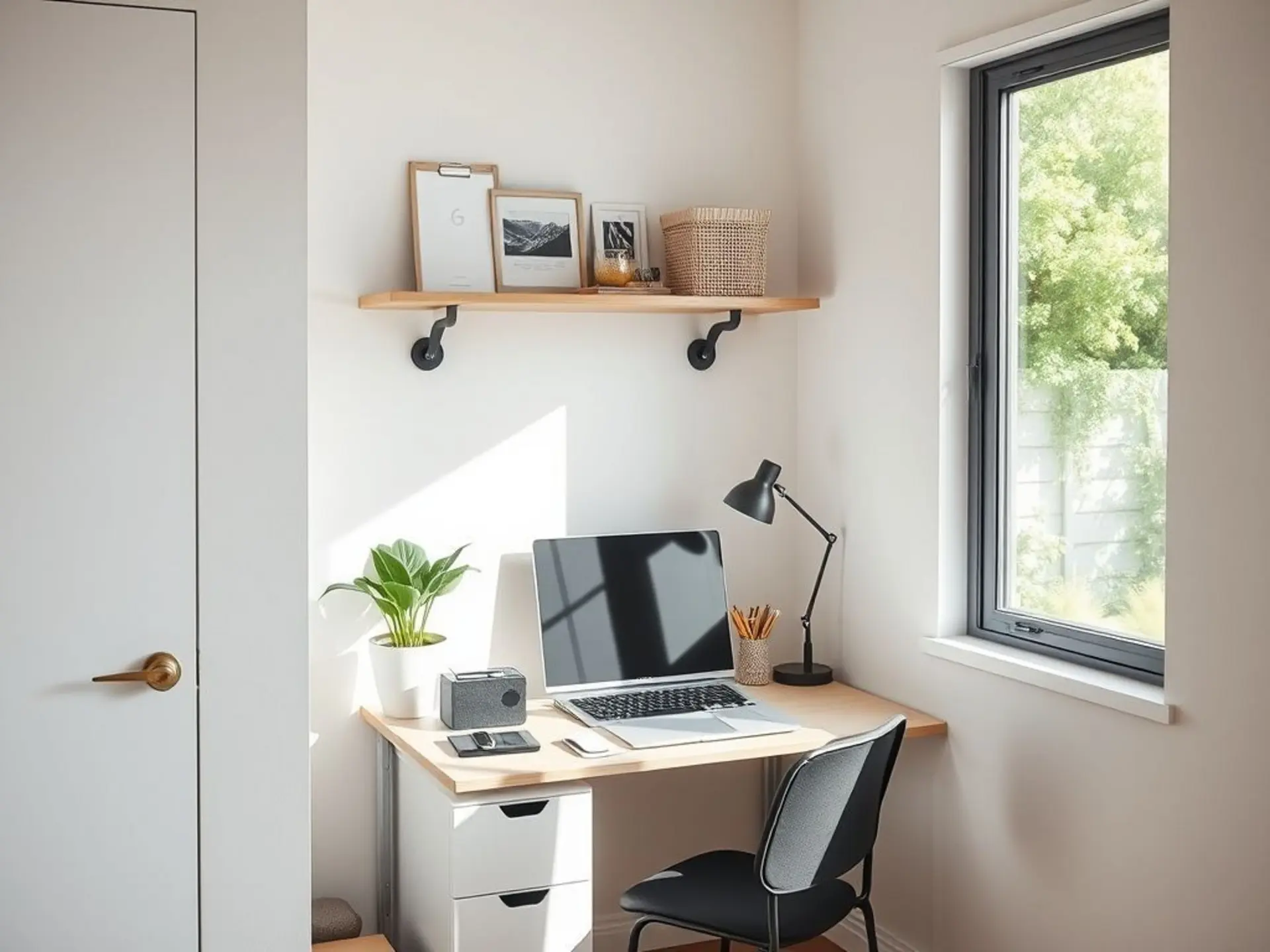 A cozy and organized compact workspace corner featuring a small desk with a neat arrangement of essential items, wall-mounted shelves above, a potted plant for greenery, and a desk lamp. Natural light streams through a nearby window, creating a bright and airy impression. Minimalist design with no people or text visible.