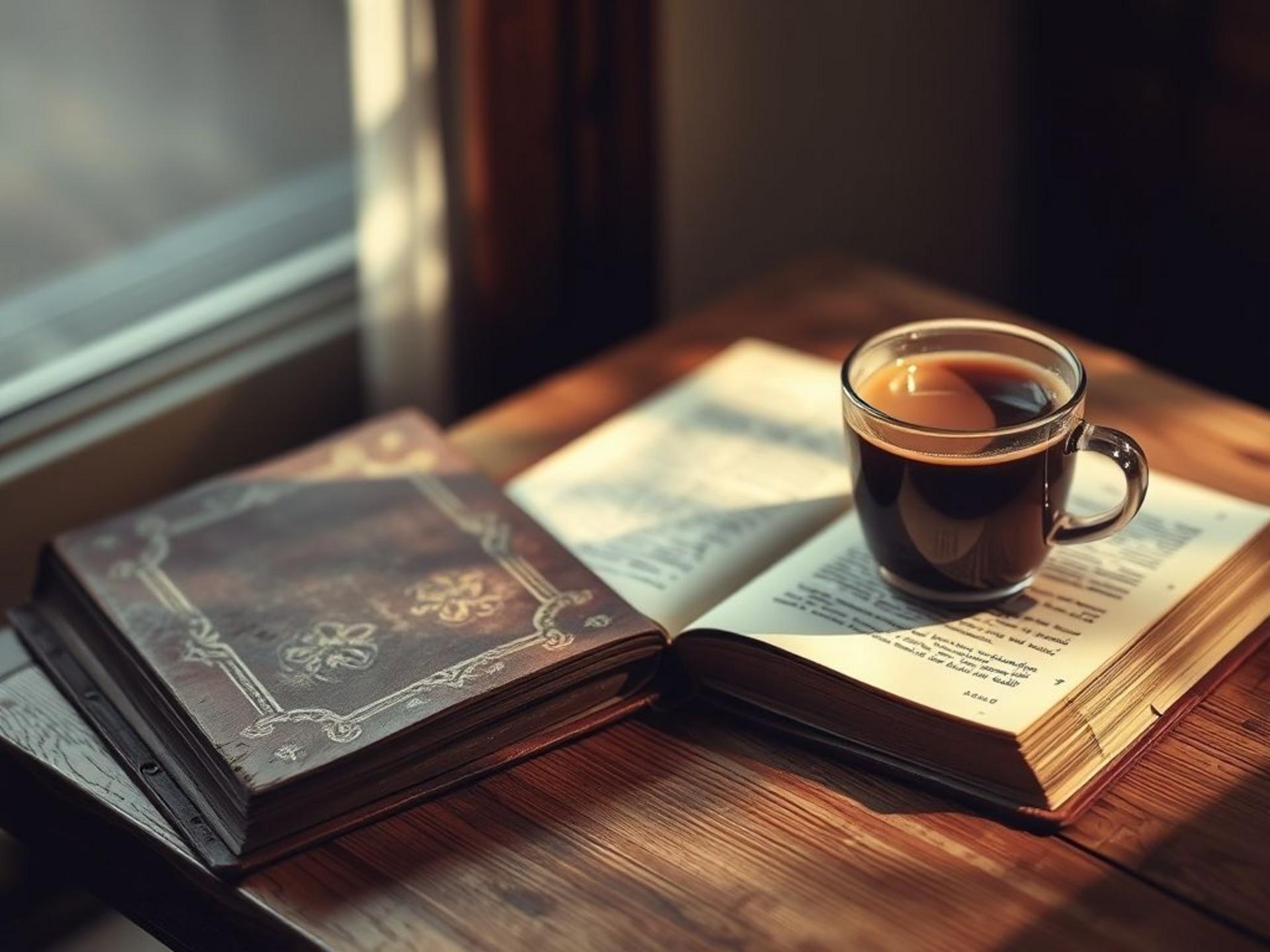 Старая книга на деревянном столе рядом с чашкой кофе, мягкий рассеянный свет.