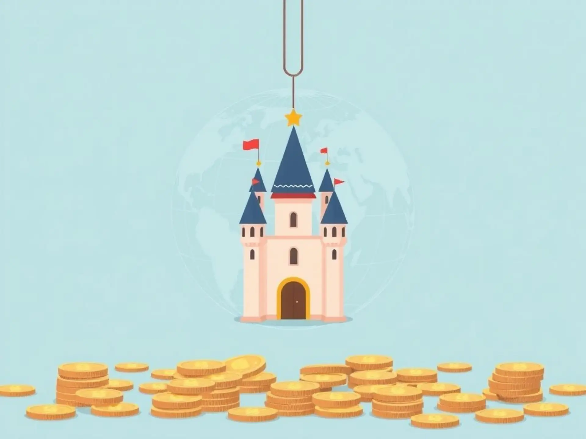 Минималистичная плоская иллюстрация: закрытый висячий замок в центре композиции, окружённый монетками. На заднем плане - схематичное изображение глобуса с тонкими линиями цифровых соединений. Светло-голубой нейтральный фон без мелких деталей.
