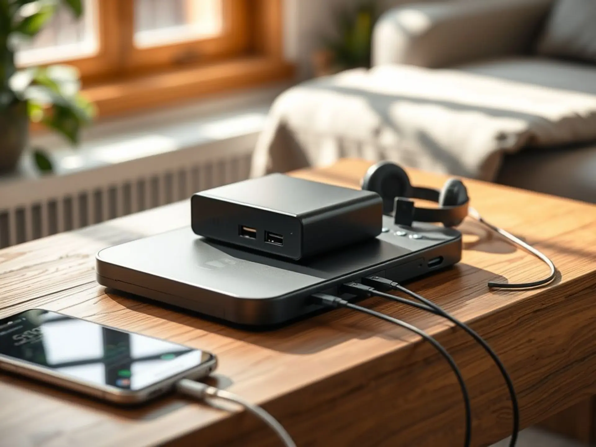 Аккумуляторная платформа с USB-портами стоит на деревянном столе в уютной домашней обстановке. Рядом лежат смартфон и наушники в процессе зарядки. Мягкий солнечный свет падает из окна на современный компактный девайс.