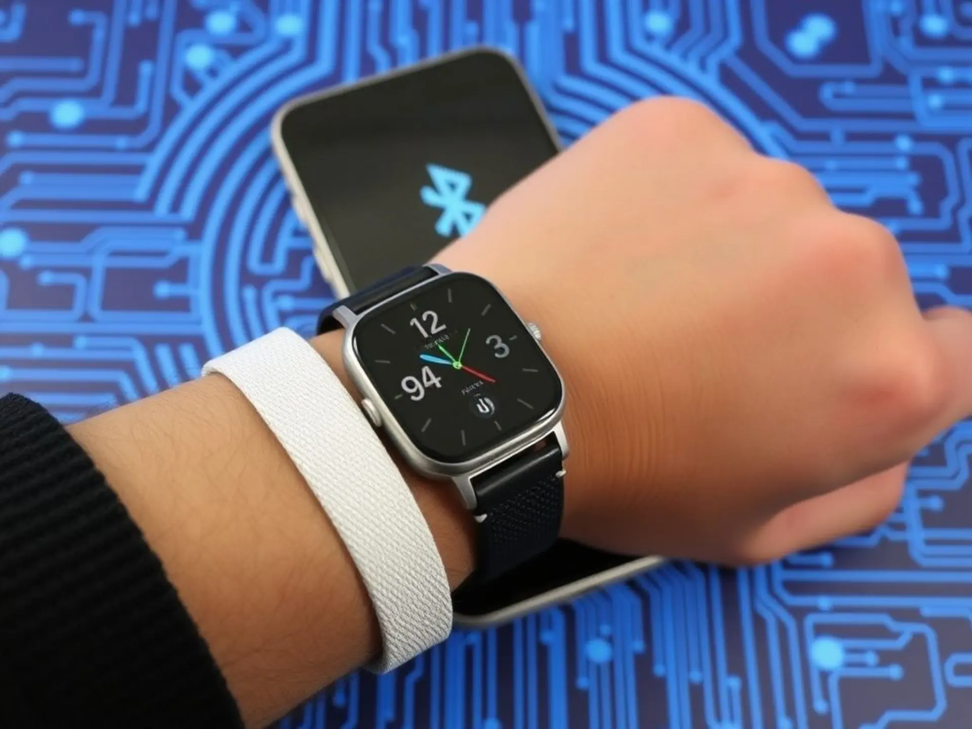 Смарт-часы на запястье руки лежат рядом со смартфоном на фоне стильного абстрактного сине-голубого цифрового узора. Показываем соединение через Bluetooth или сетевые волны.