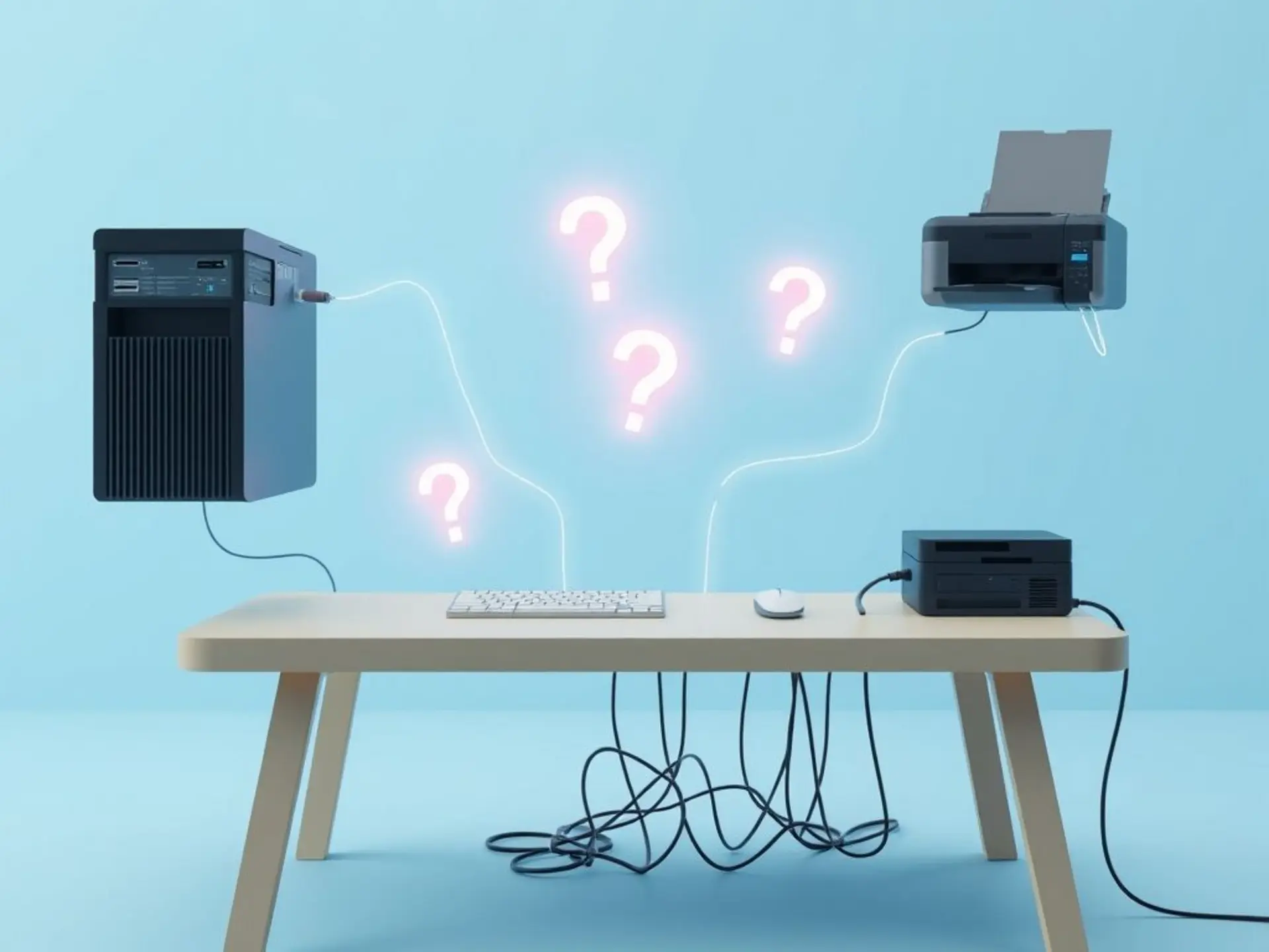 Computer desk with disconnected peripherals: keyboard, mouse, and printer floating mid-air. Transparent digital streams connecting them to a computer tower. Glowing question marks hover near tangled cables. Minimalist 3D render style with soft blue background.