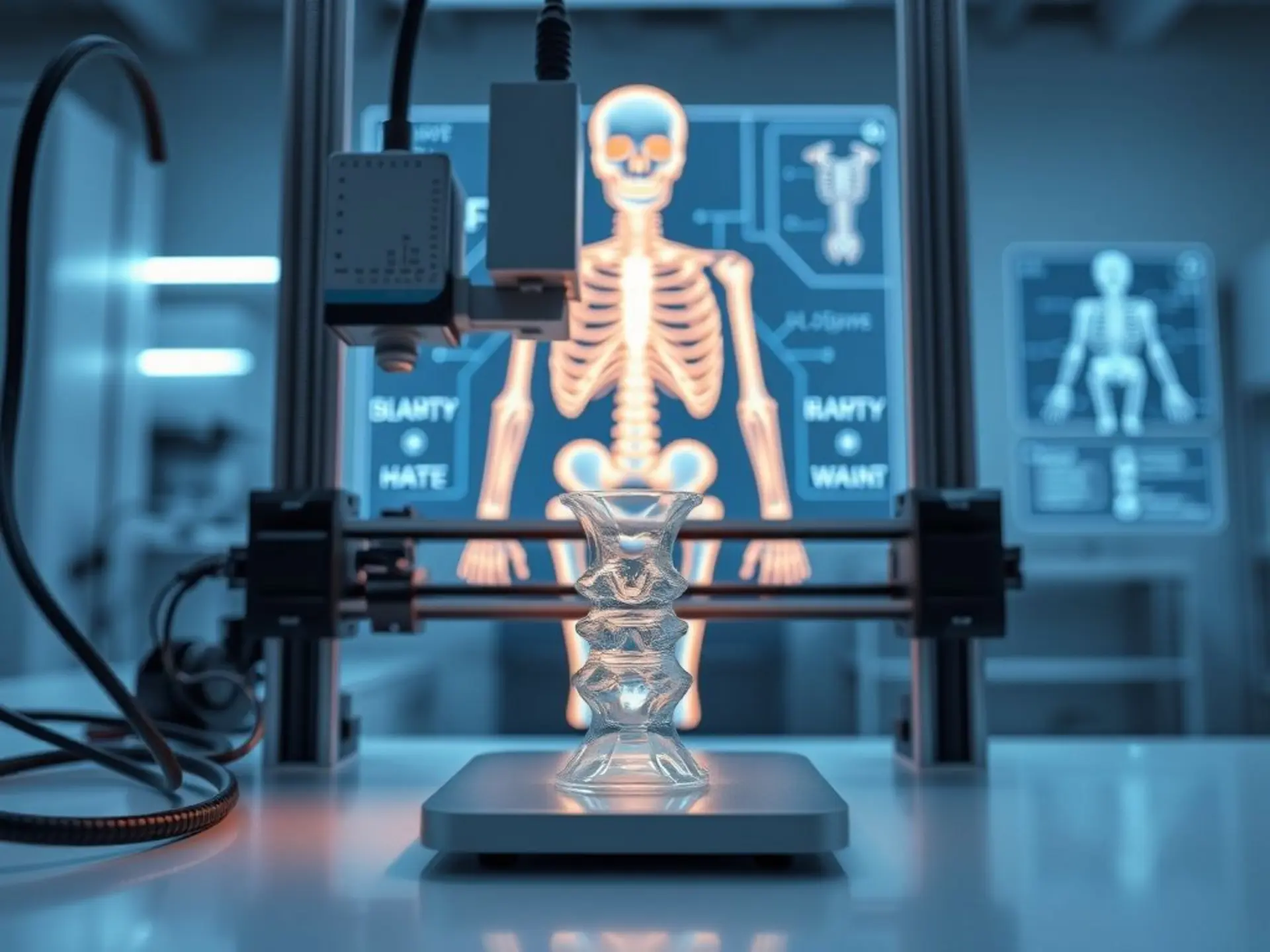 Медицинская 3D-печать: принтер создаёт биосовместимый имплантат в футуристической лаборатории. На заднем плане — схема человеческого скелета с подсветкой.