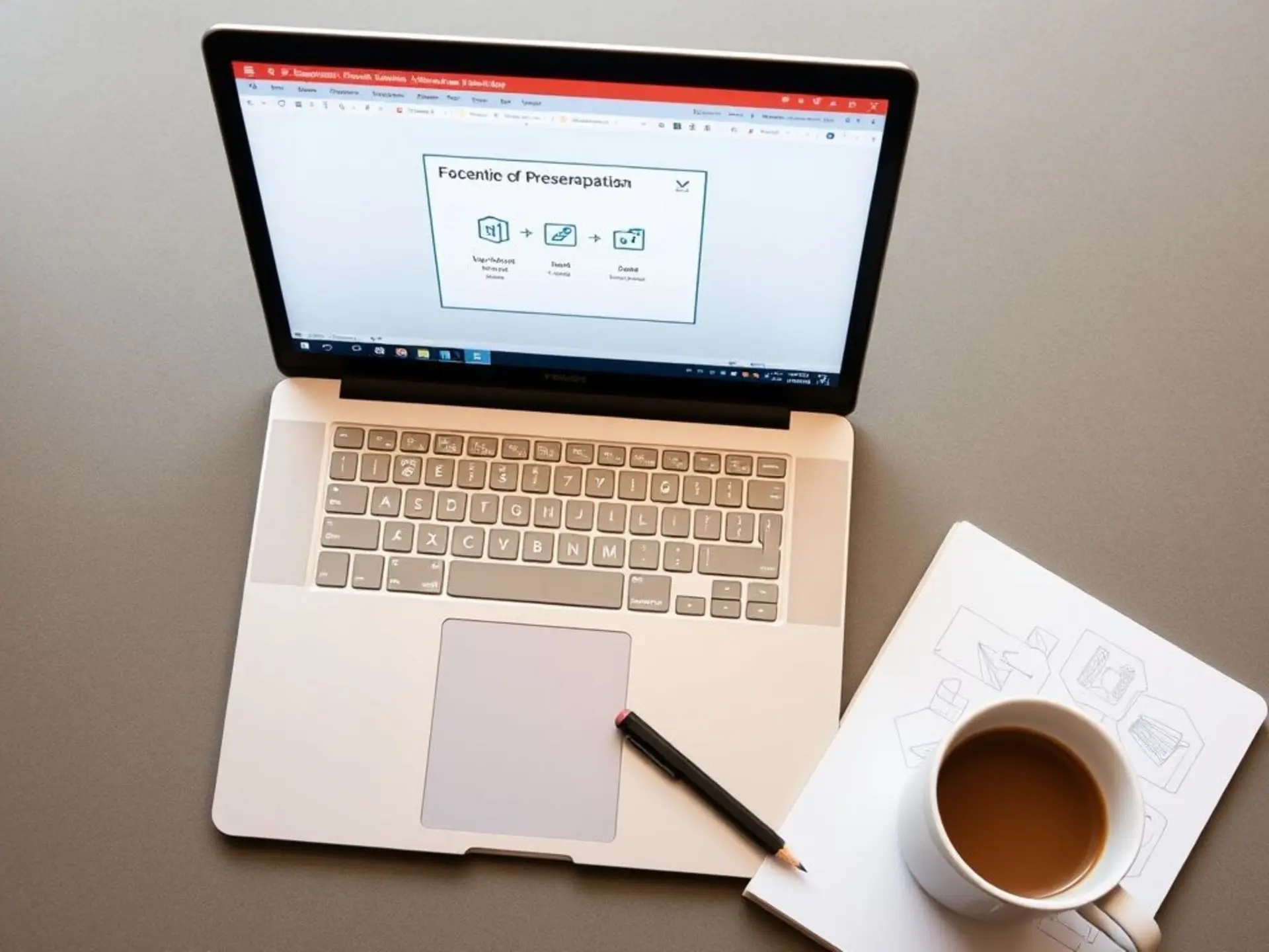 Современный ноутбук с презентацией PowerPoint на экране. На одном слайде изображены: заголовок в голубой плашке, три иконки (график, звезда, диаграмма) и два лаконичных пункта списка. Рядом с ноутбуком лежит блокнот с набросками карандашом и чашка кофе.