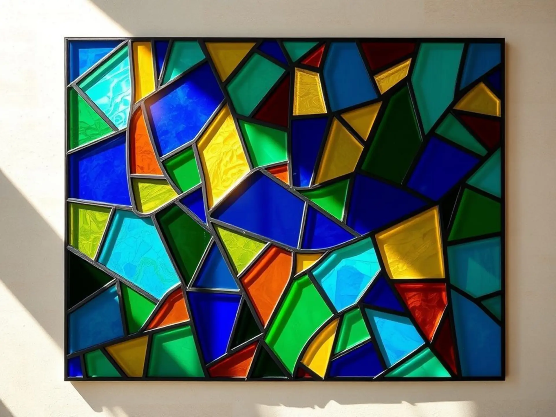 Abstract stained glass panel with vibrant mosaic patterns in sapphire blue, emerald green, and amber gold. Geometric fragments catching sunlight, soft refraction effects on neutral textured background. No text or human elements visible.